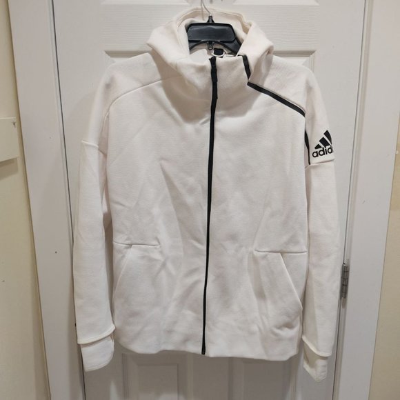 Adidas Thick White Jacket Lightly Worn  Unisex Size L Long Sleeve Hooded Zip - Picture 1 of 14